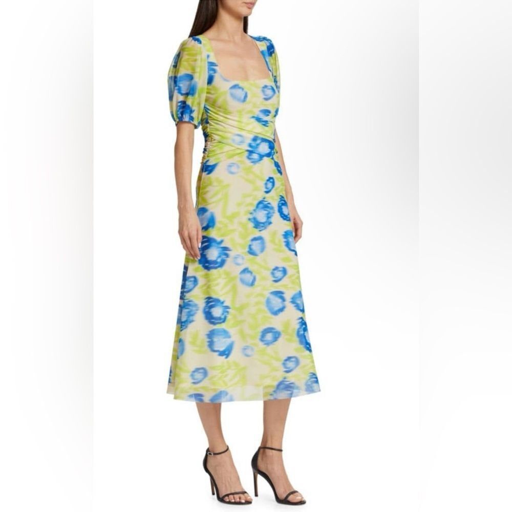 GANNI Crisscross Abstract-Printed Mesh Puff-Sleeve Midi Dress, NWT, EU 34